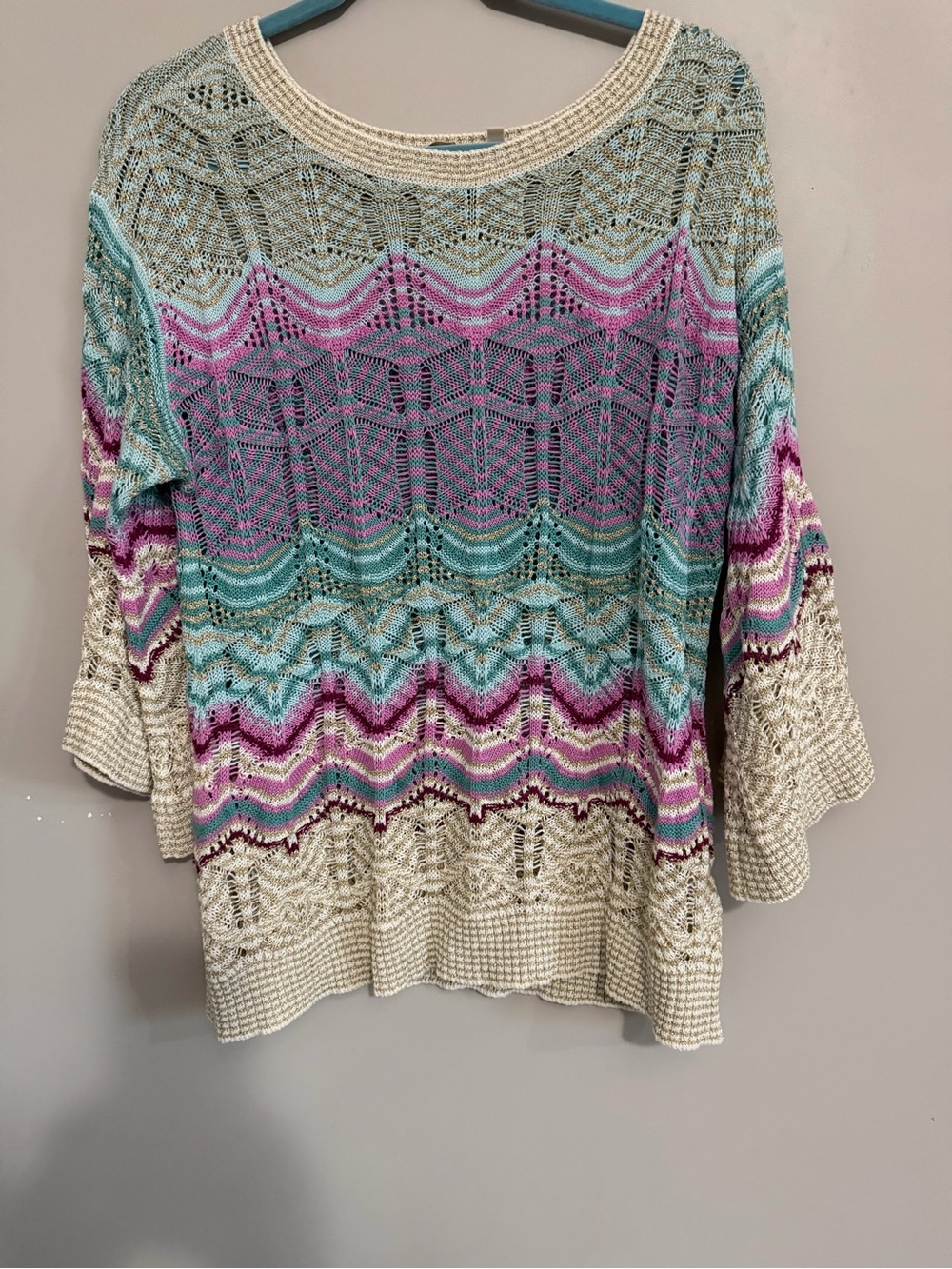 Open knit cotton/modal boho festival bell sleeve light sweater size medium.